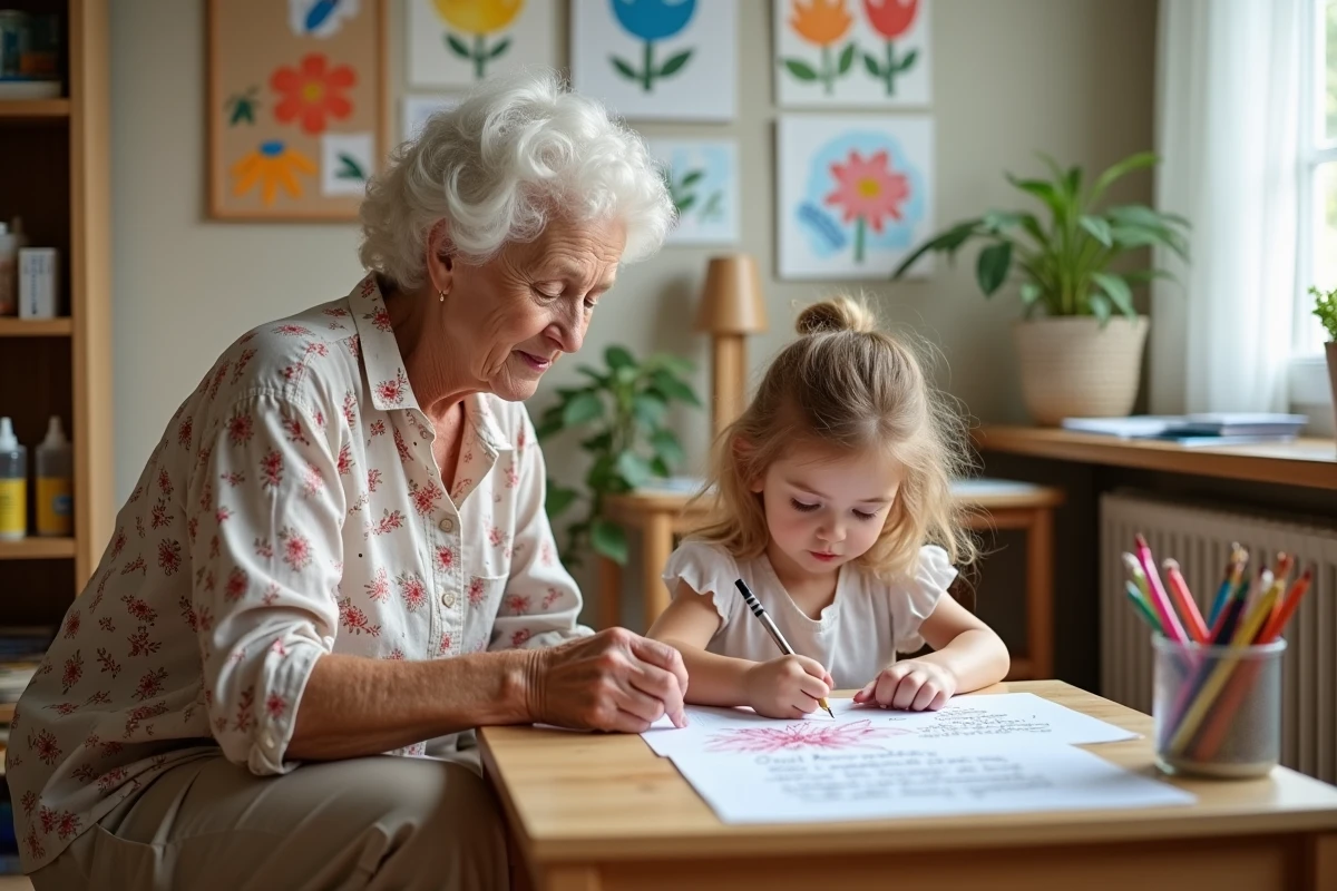 Grand-mère aidant une petite fille à illustrer un poème avec des crayons dans un coin arts plastiques de maternelle