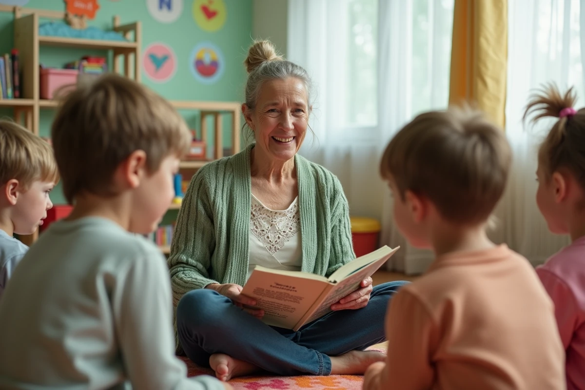 Grand-mère lisant un recueil de poésie à des enfants en maternelle assis en cercle sur un tapis coloré