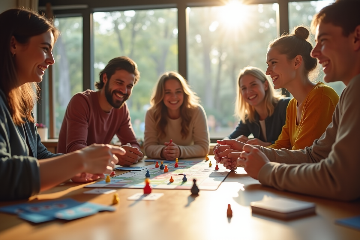 Groupe d'amis jouant à un jeu de société lumineux
