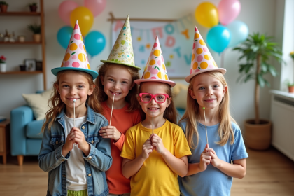 Enfants en fête avec accessoires dans un salon moderne