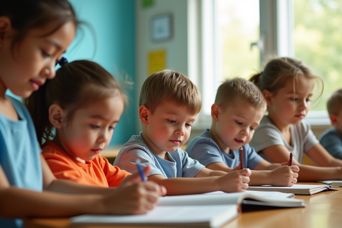Jeunes enfants lisant dans une classe colorée avec un professeur
