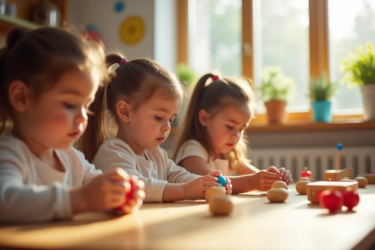 Groupe d'enfants en classe Montessori lumineuse