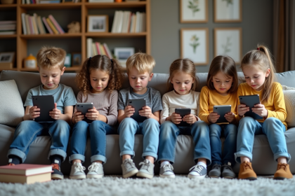 Enfants de 8 à 10 ans utilisant des tablettes dans un salon cosy