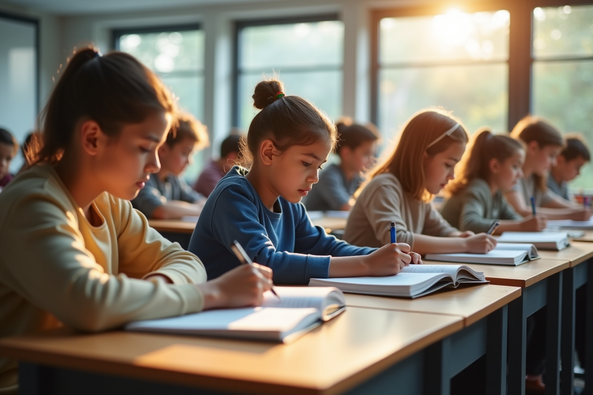 Groupe d'étudiants divers dans une salle de classe moderne lisant des manuels