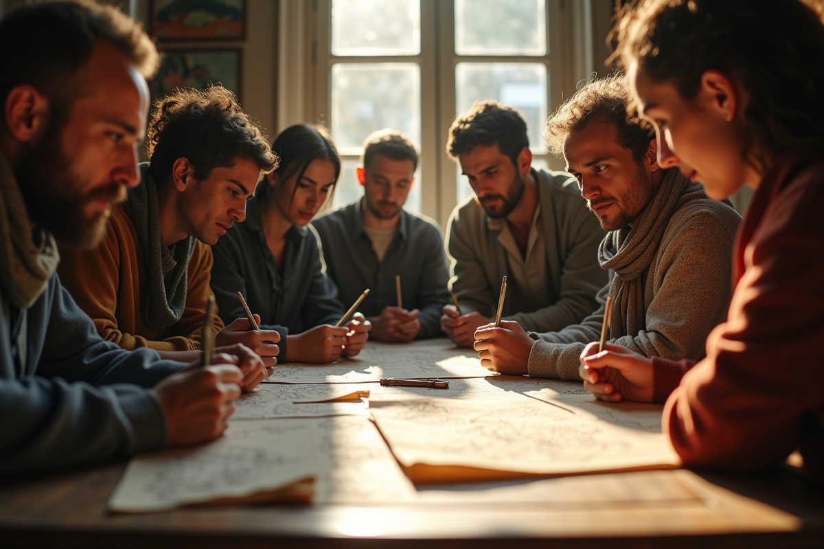 Groupe diversifié autour de documents familiaux anciens