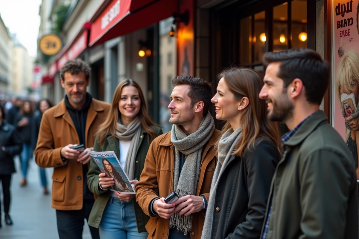 Groupe de fans discutant devant un caf&eacute; parisien anim&eacute;