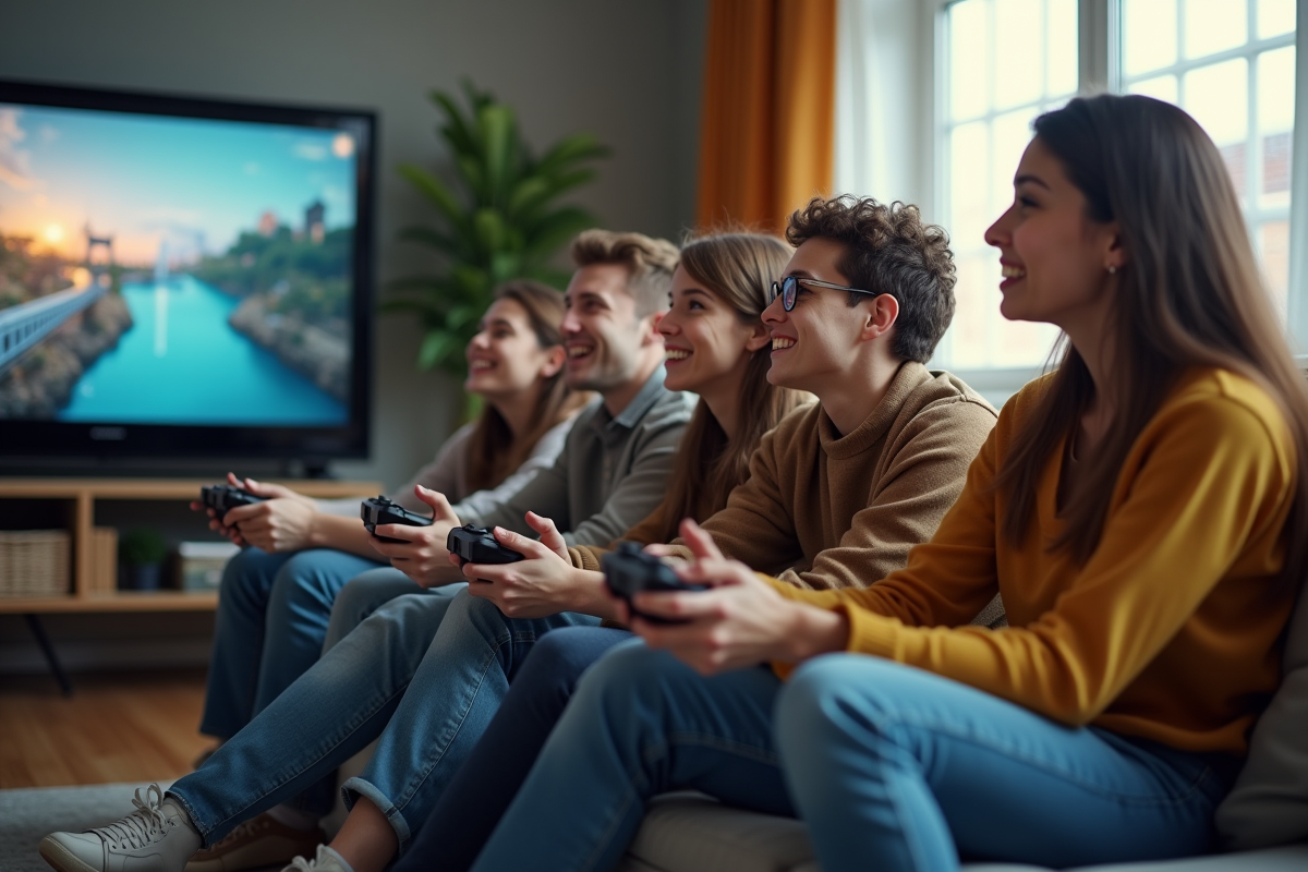 Groupe de jeunes adultes jouant à un jeu vidéo dans un salon lumineux