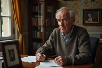 Homme agee assis à son bureau avec photo de famille