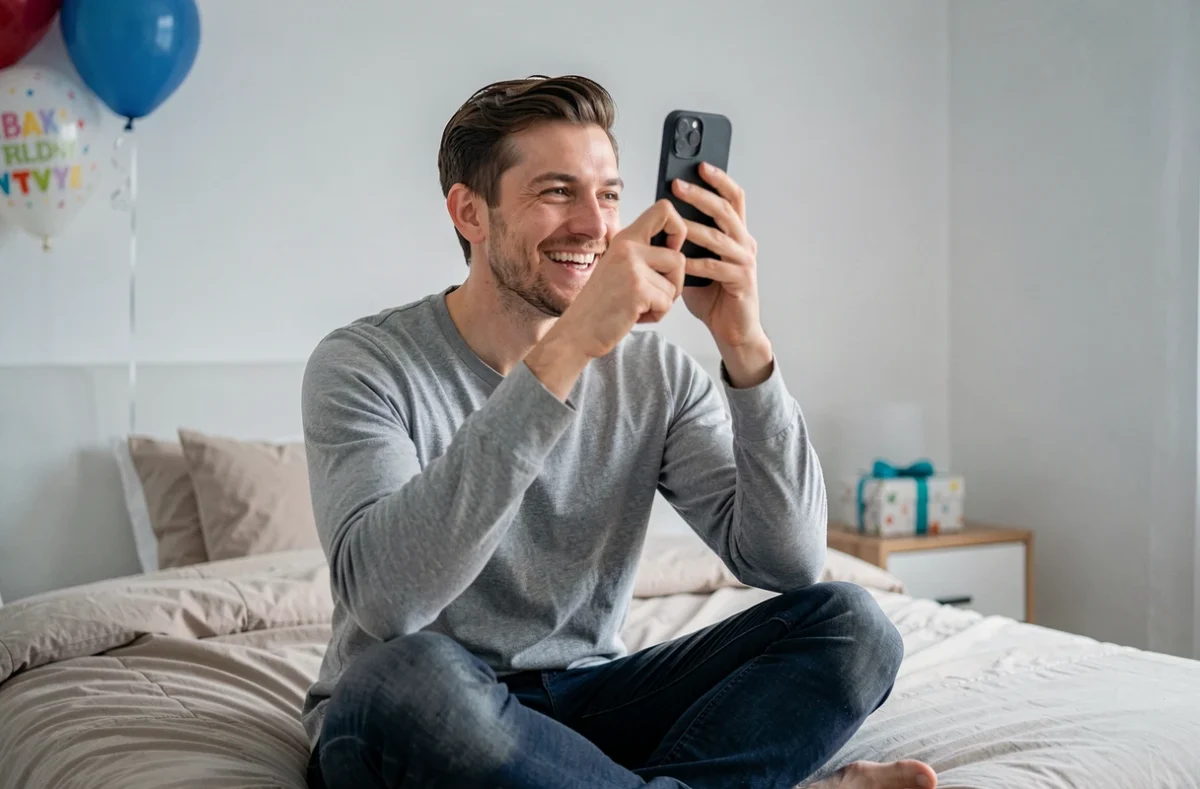 Homme souriant lors d'un appel vidéo pour souhaiter un joyeux anniversaire à un ami éloigné