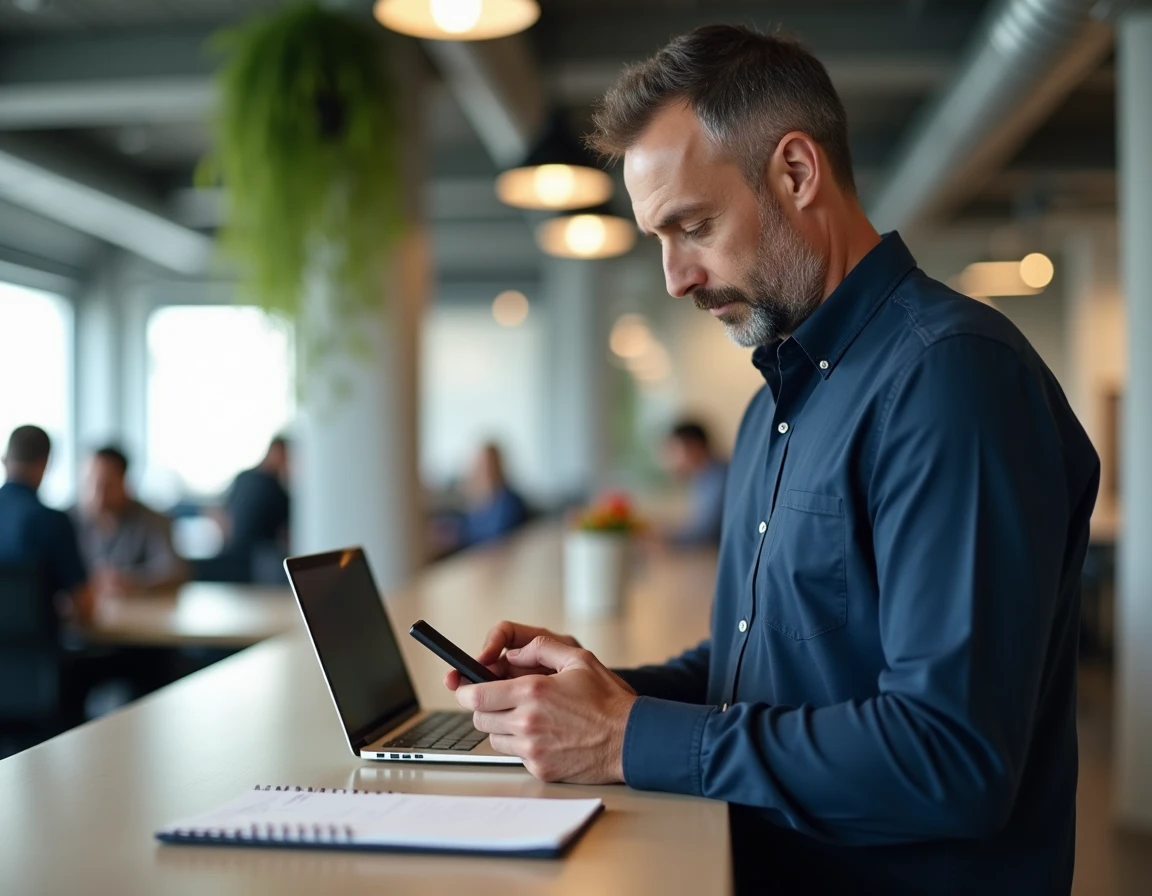 Homme consultant une application de gestion de compte financier sur smartphone dans un espace de coworking moderne