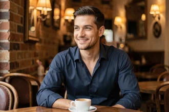 Homme célibataire ou en couple assis dans un café parisien, ambiance décontractée et moderne