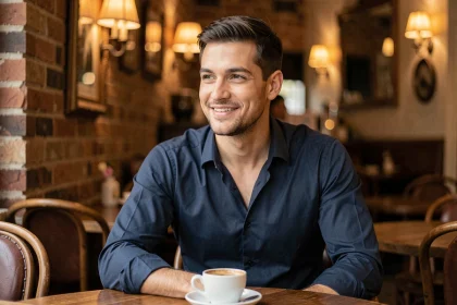 Homme célibataire ou en couple assis dans un café parisien, ambiance décontractée et moderne