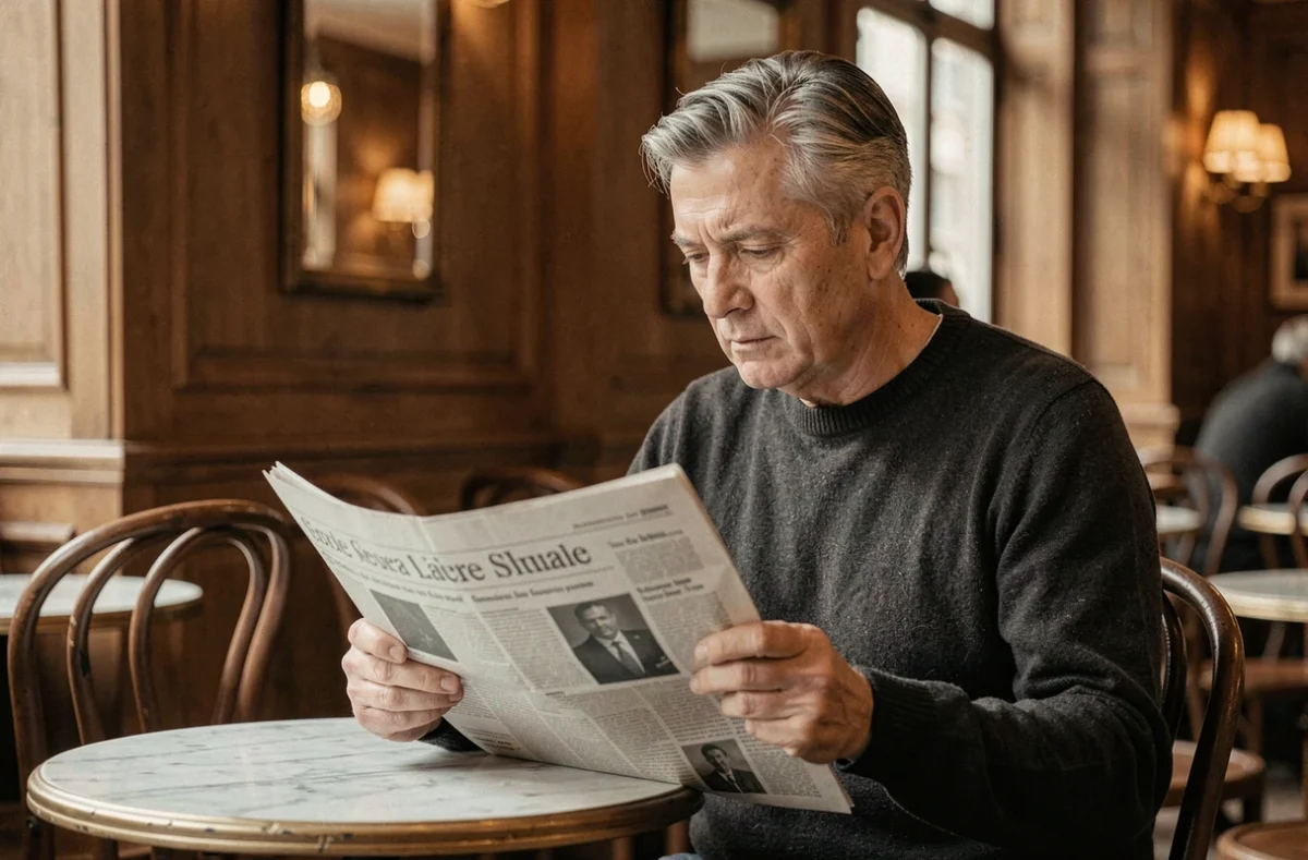 Homme discret lisant un journal dans un café parisien, évoquant le profil réservé du mari de Maryse Burgot loin des caméras