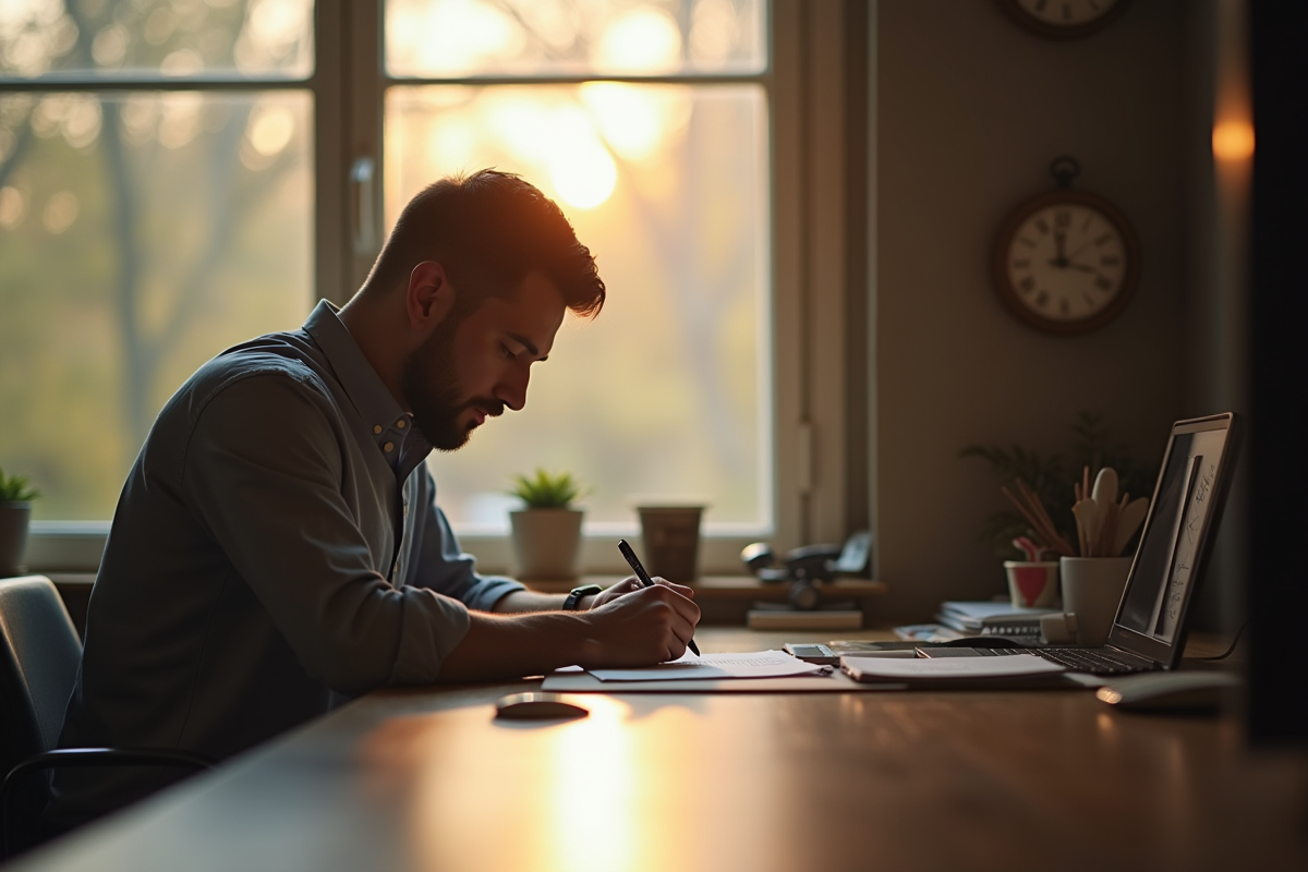 Homme écrivant une lettre dans une ambiance paisible le matin