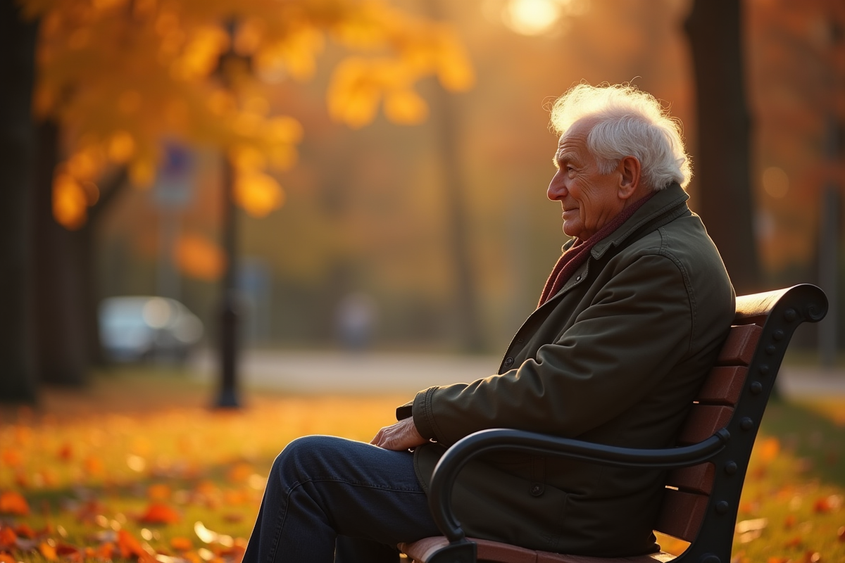 Homme âgé assis seul sur un banc dans un parc au coucher du soleil