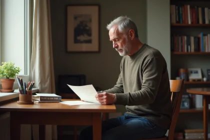 Homme d'&acirc;ge moyen lisant une lettre dans un bureau chaleureux