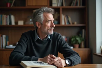 Homme pensif lisant une biographie de MarieAnge Nardi