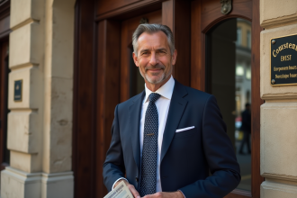 Homme en costume bleu près de la mairie historique