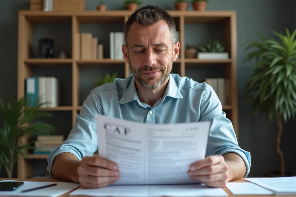 Homme lisant un avis de paiement CAF dans son bureau à domicile