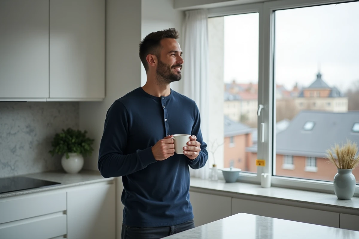 Homme quadrag&eacute;naire tenant une tasse de caf&eacute; dans une cuisine scandinave, regardant par la fen&ecirc;tre dans un moment de r&eacute;flexion matinale