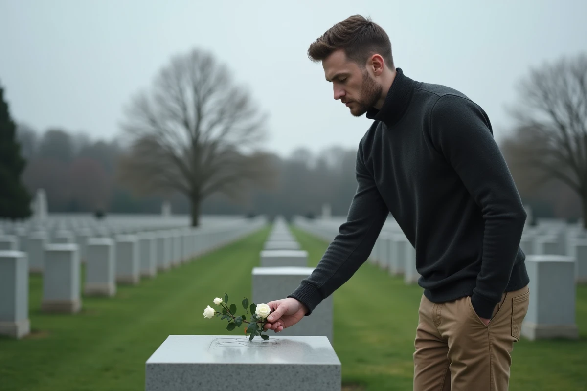 Homme déposé une rose sur une tombe dans un cimetière en plein air