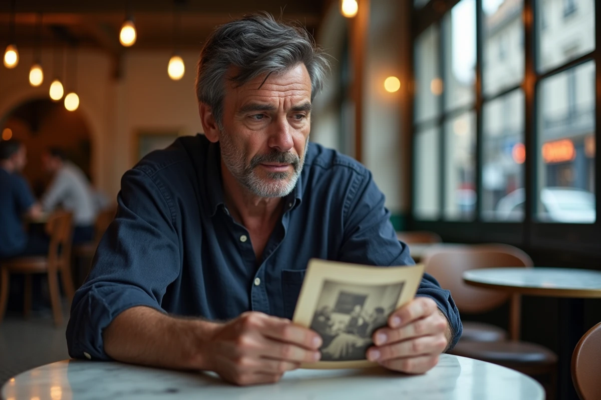 Homme aux tempes grisonnantes tenant une vieille photographie dans un café parisien, expression pensive et nostalgie familiale