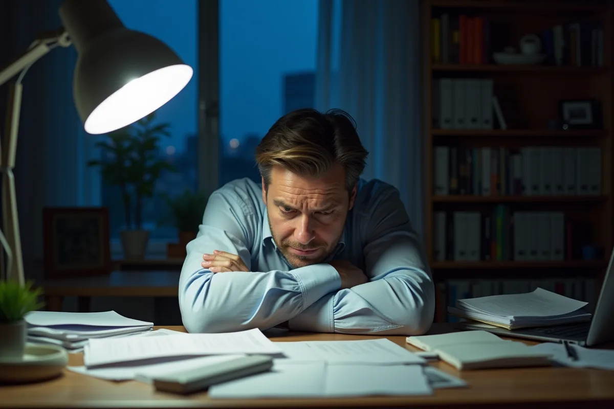 Homme épuisé au bureau à domicile en fin de journée
