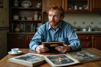 Homme d'âge moyen avec vinyle et album photo