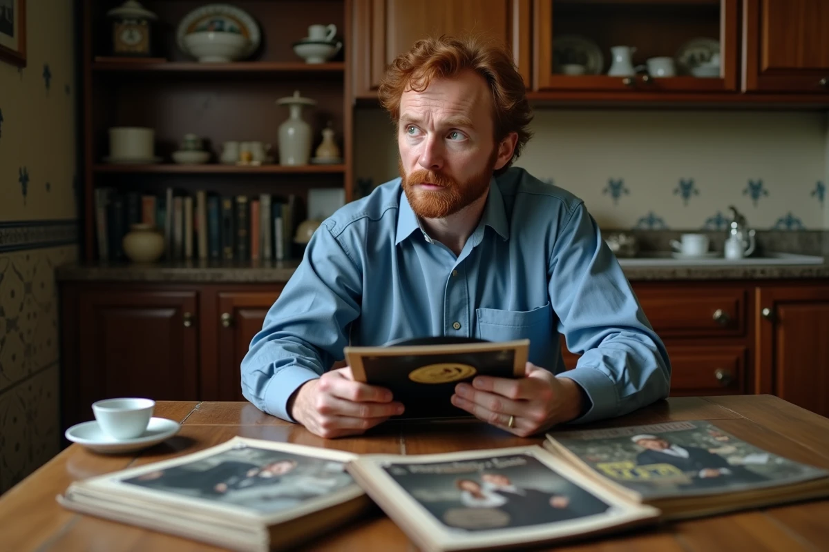 Homme d'âge moyen avec vinyle et album photo
