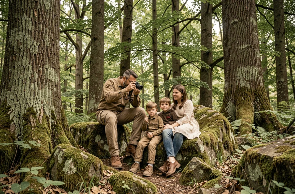 Hoop des Bois photographiant une famille en pleine forêt sur des rochers moussus dans le Var