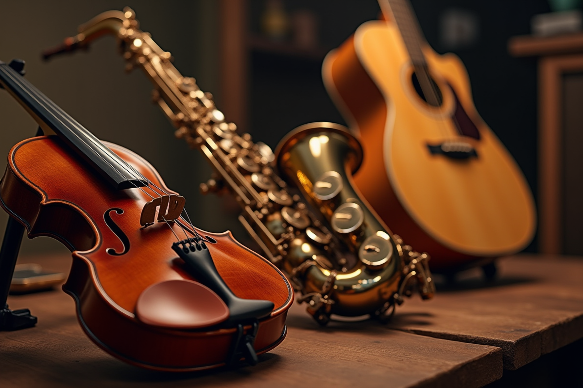 Collection d instruments à cordes et vent sur une table en bois