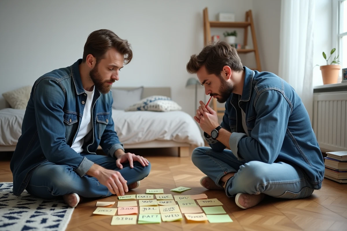 Deux amis jouant à un jeu de mots fait maison avec des post-its et du papier sur le parquet