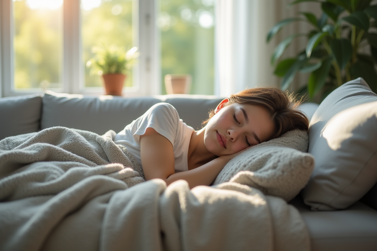 Jeune adulte dormant paisiblement sur un canapé lumineux