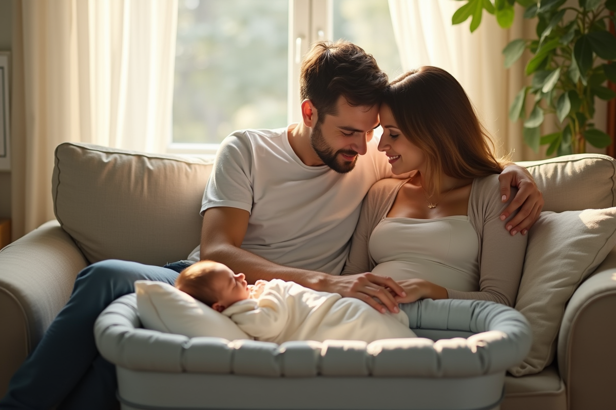 Jeune couple regardant tendrement leur nouveau-né dans un salon lumineux