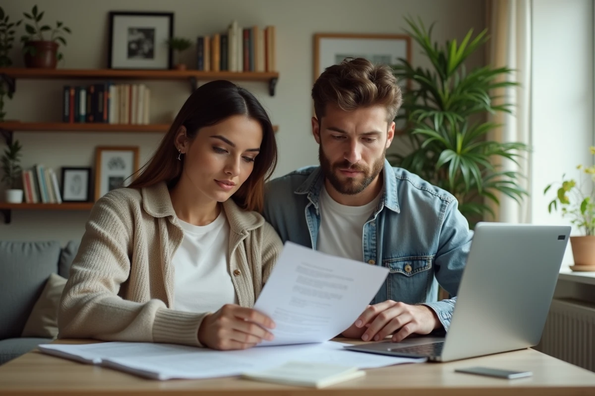 Jeune couple travaillant sur un ordinateur dans le salon