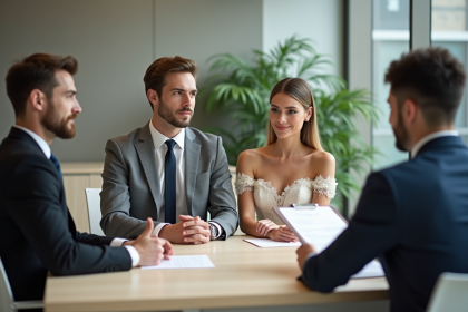 Jeune couple mari&eacute; en discussion avec un recruteur dans un bureau moderne