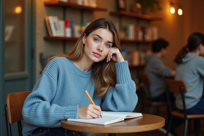 Jeune femme écrivant dans un journal dans un café cosy