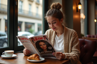 Jeune femme lisant magazine people dans un café parisien