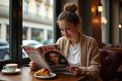 Jeune femme lisant magazine people dans un café parisien