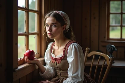 Jeune femme en costume traditionnel européen contemplant une pomme