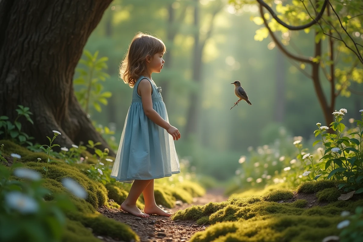 Jeune fille dans la forêt observant un oiseau sur une branche