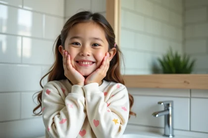 Jeune fille souriante avec peau saine en salle de bain