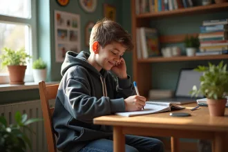 Jeune garçon de 14 ans dessinant dans son bureau