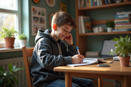 Jeune garçon de 14 ans dessinant dans son bureau
