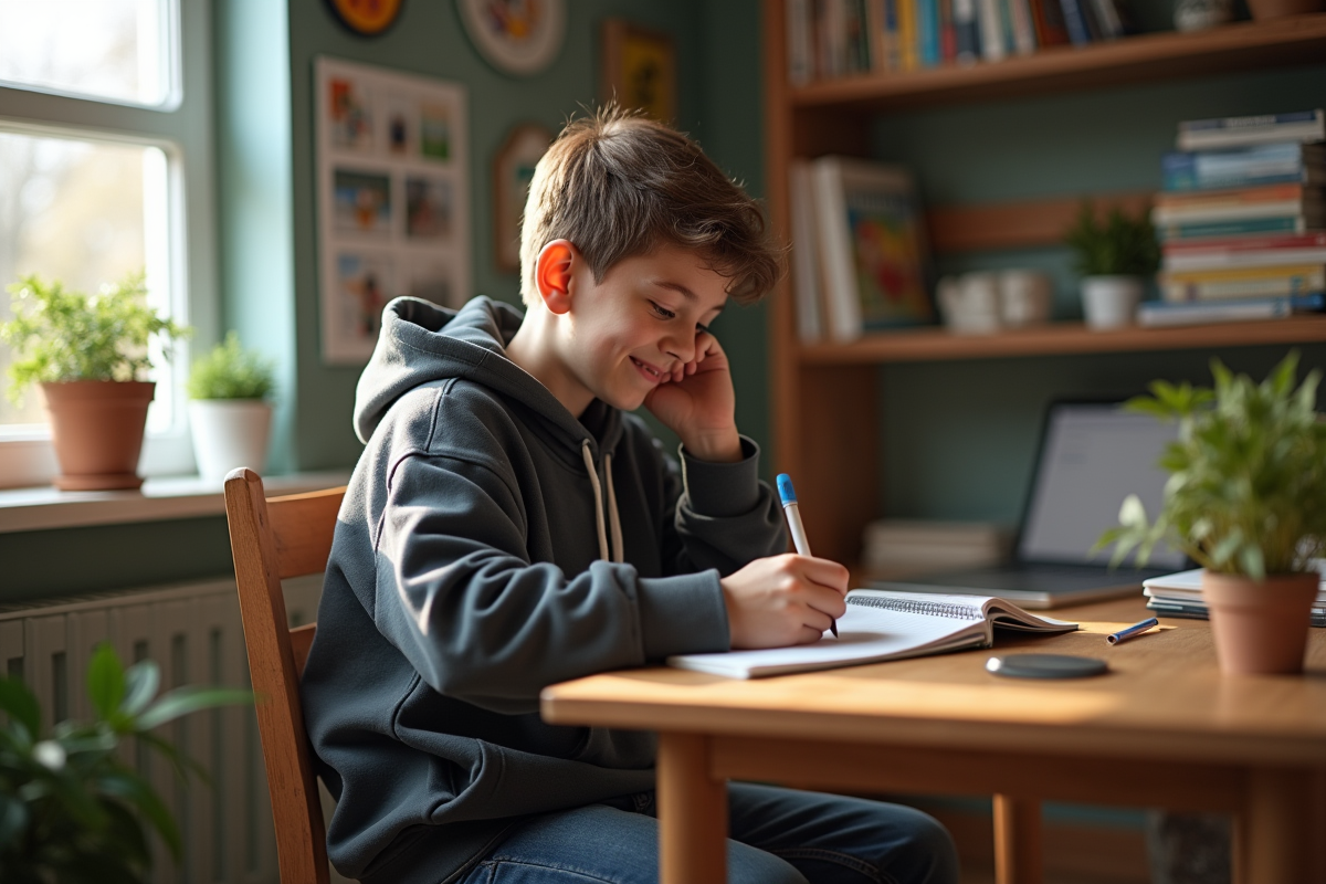 Jeune garçon de 14 ans dessinant dans son bureau