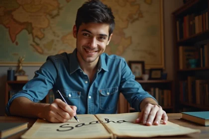 Jeune homme &eacute;crivant Sacha sur un vieux papier dans un bureau