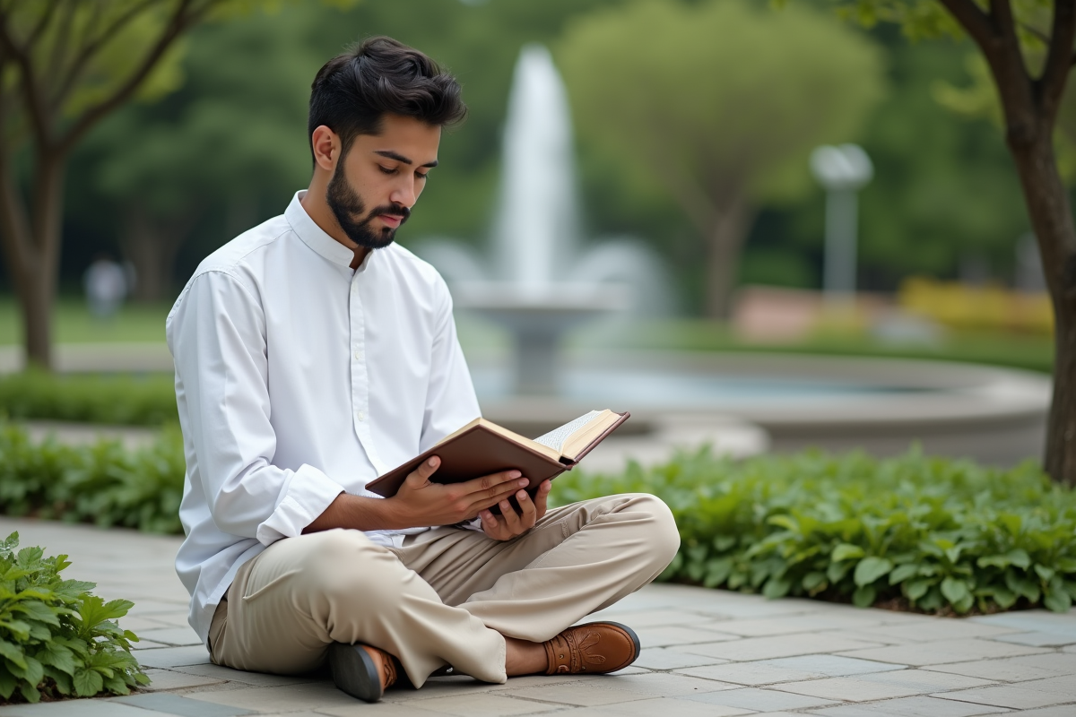 Jeune homme lisant le Quran dans un jardin calme