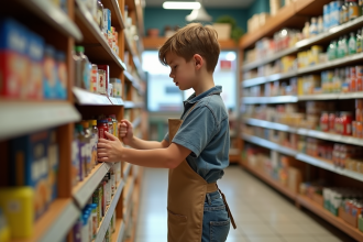 Jeune garçon de 14 ans en uniforme de travail dans une épicerie