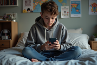 Adolescent assis sur son lit avec son smartphone dans une chambre