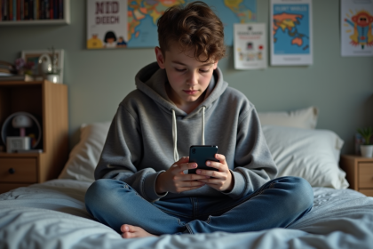 Adolescent assis sur son lit avec son smartphone dans une chambre